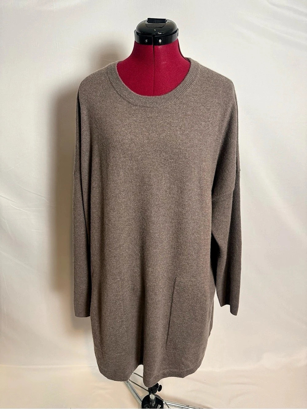 NWT J.Jill 100% Cashmere Crew Neck Sweater Women's Size 2X Mocha Heather Pockets - Picture 1 of 15